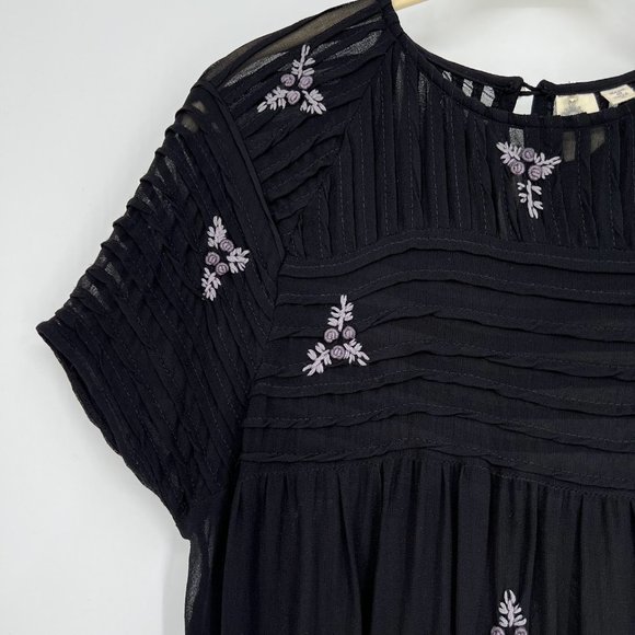 Let It Be Size Small Embroidered Floral Top Sheer Black Blouse Babydoll - Picture 2 of 8